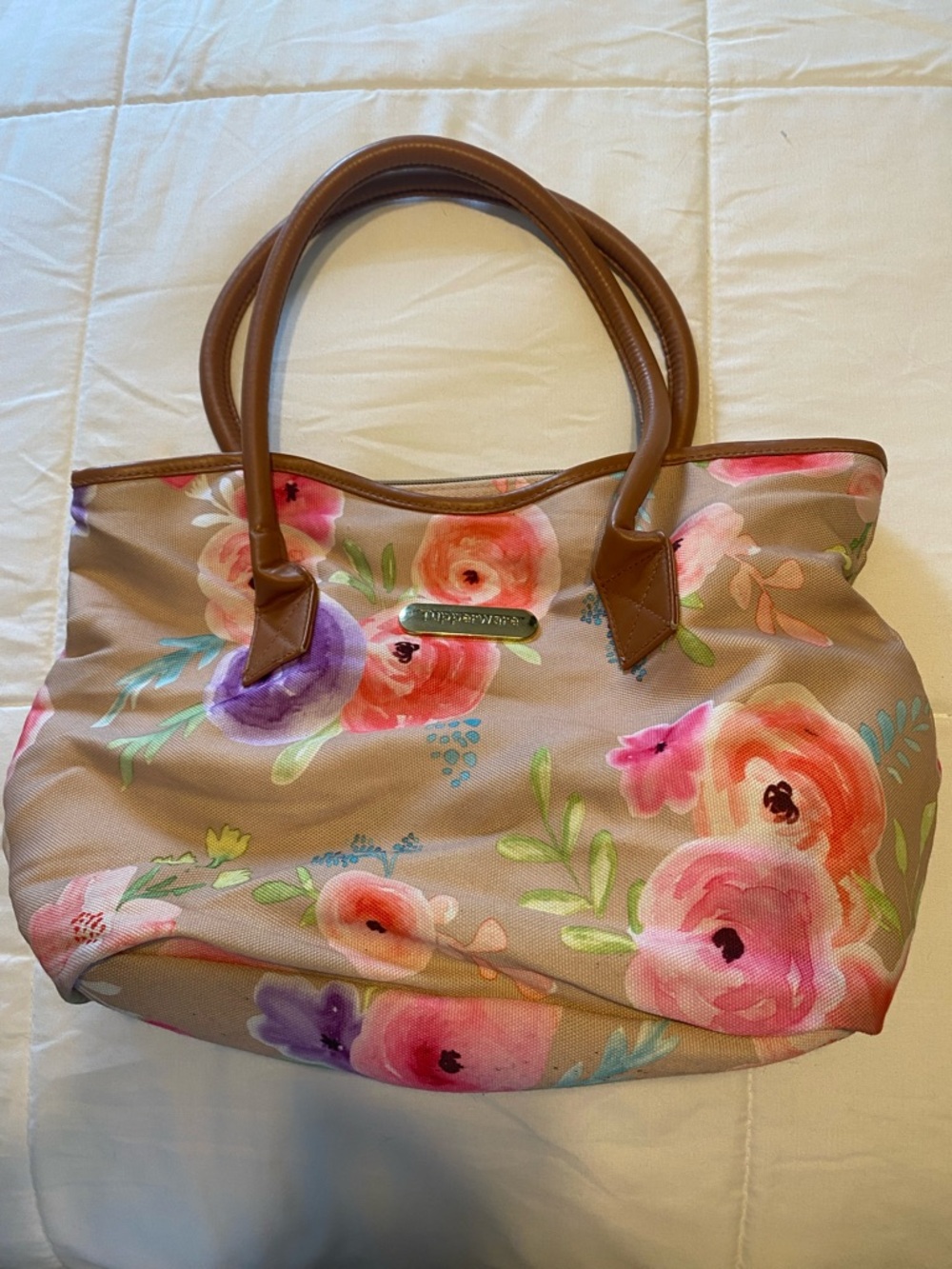 Floral Canvas Tote with Brown Handles - Pink & Purple Bloom